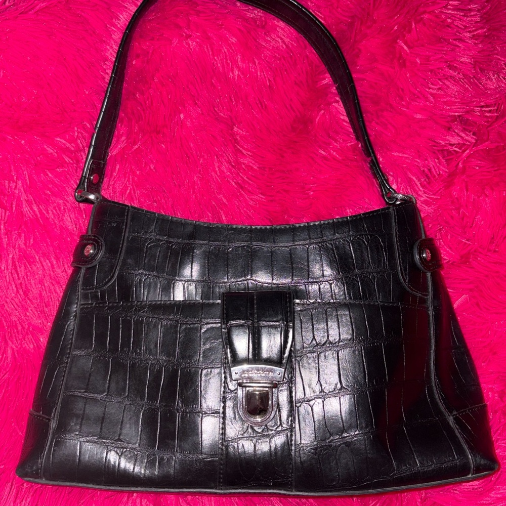 Liz Claiborne Black Croc-Embossed Shoulder Bag with Silver Hardware